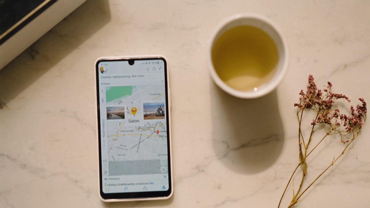 Smartphone on a cream surface showing three local salon listings on Google