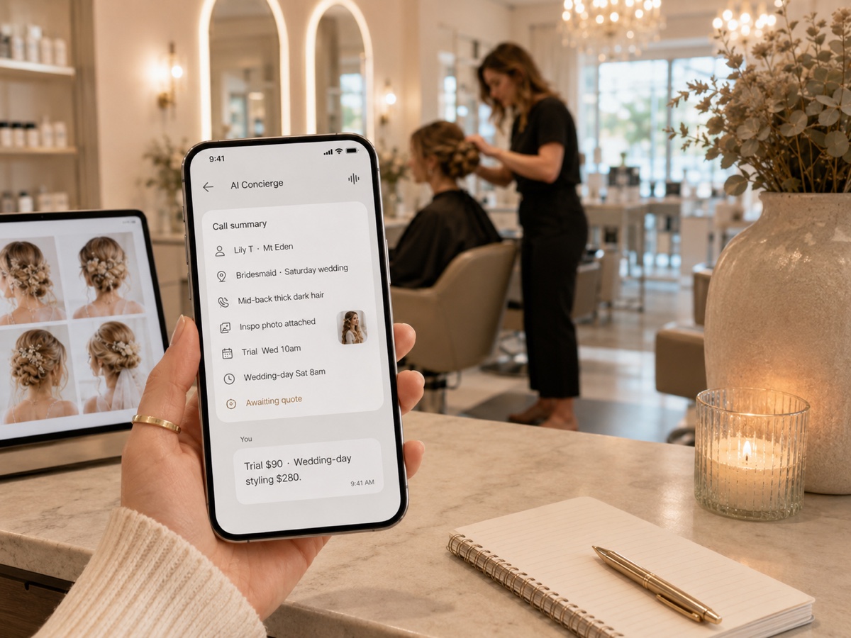 A salon countertop with a phone showing a clean AI Concierge booking summary