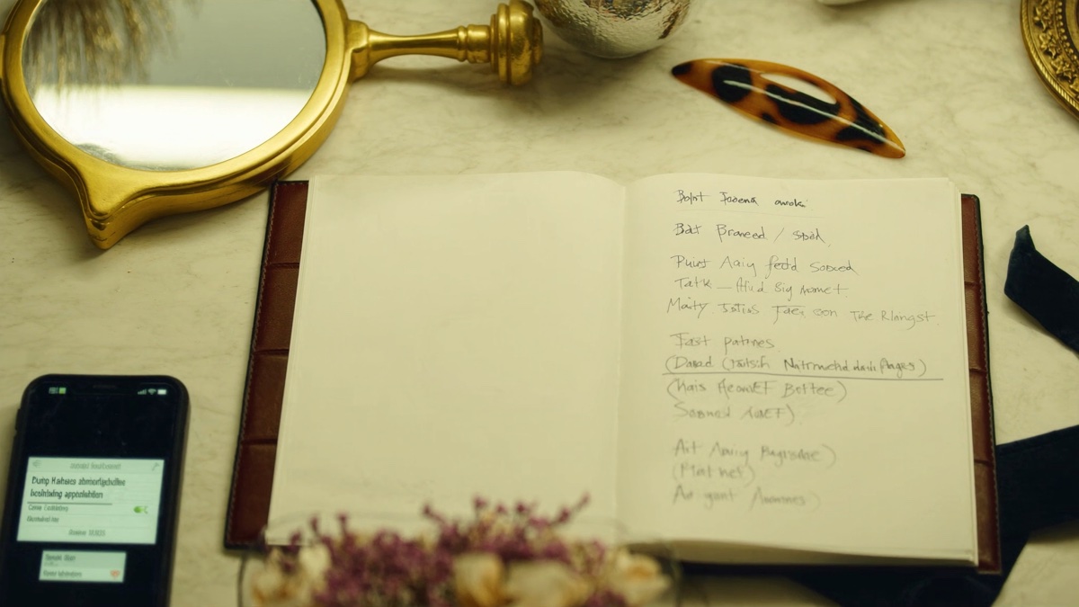 An open salon appointment book with a brass mirror, dried flowers, and a phone showing a booking confirmation