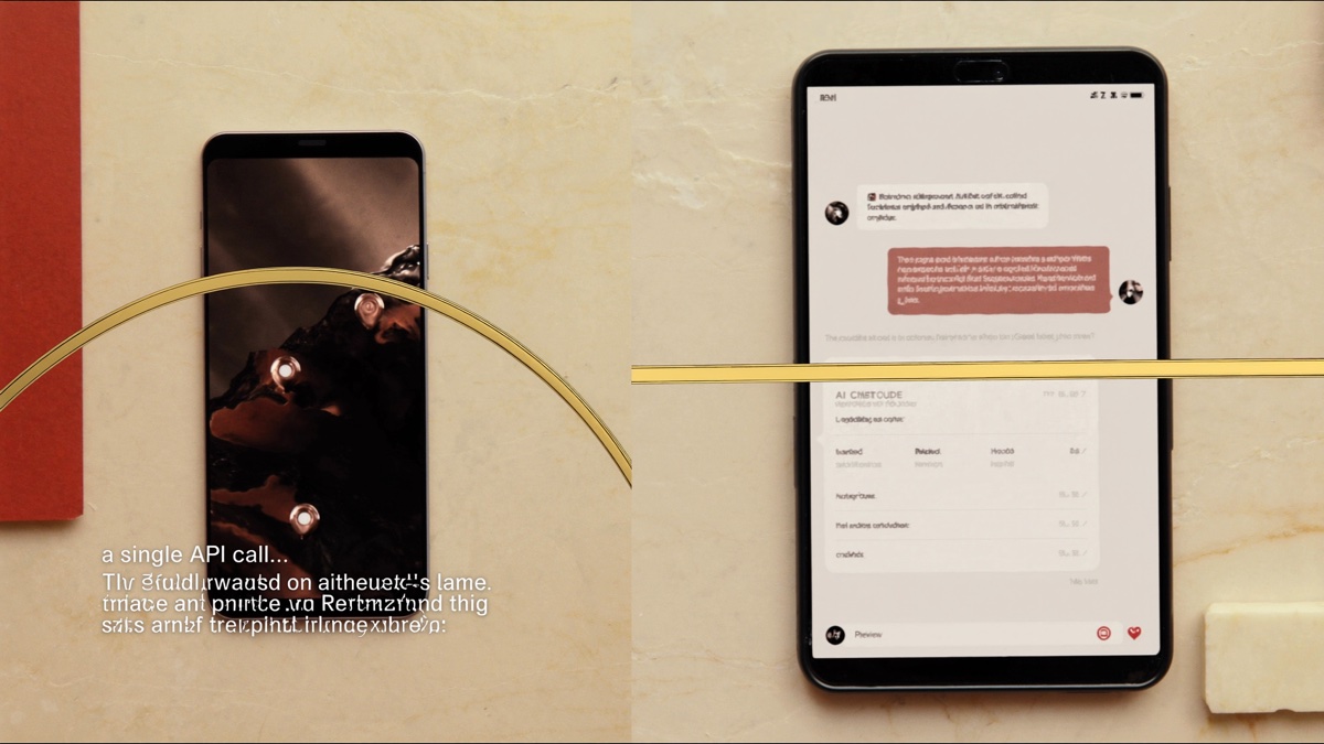 A diptych composition with two phones on cream marble — search query and AI chat — connected by a brass line